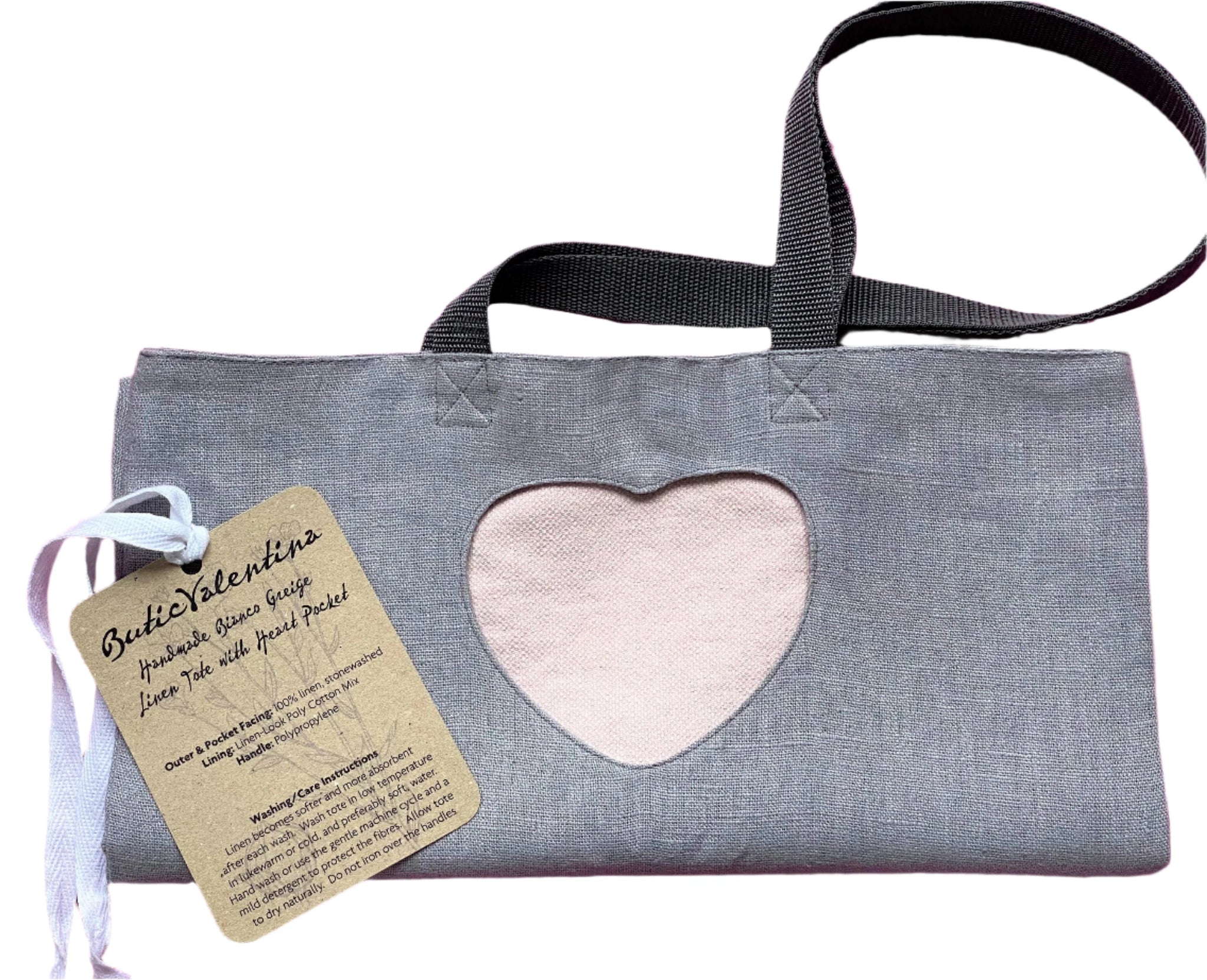 Handmade Bianco Greige Linen Tote With Heart Pocket – ButicValentina